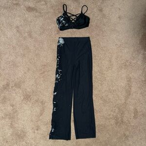 Complete Dance costume with applique and rhinestones, mesh pants criss cross top